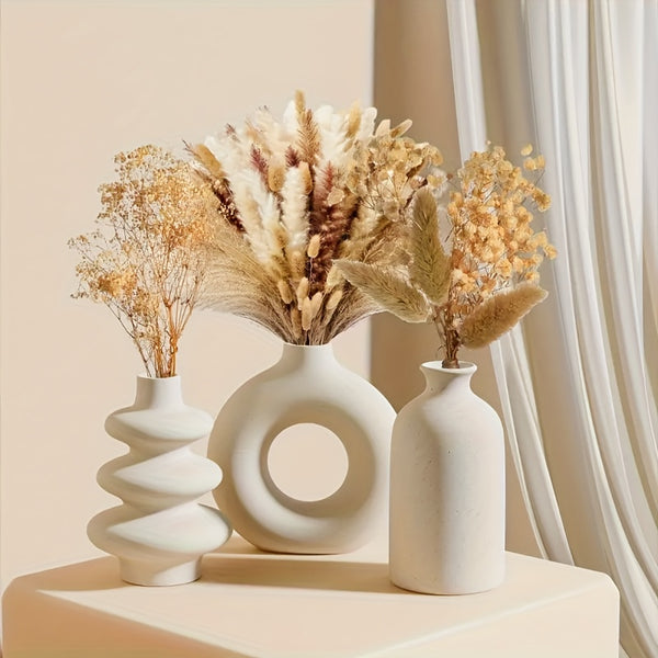 Set of 3 White Ceramic Bohemian Vase.