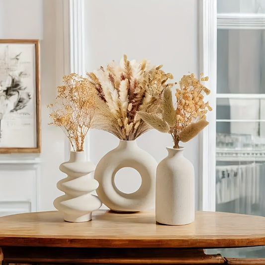 Set of 3 White Ceramic Bohemian Vase.