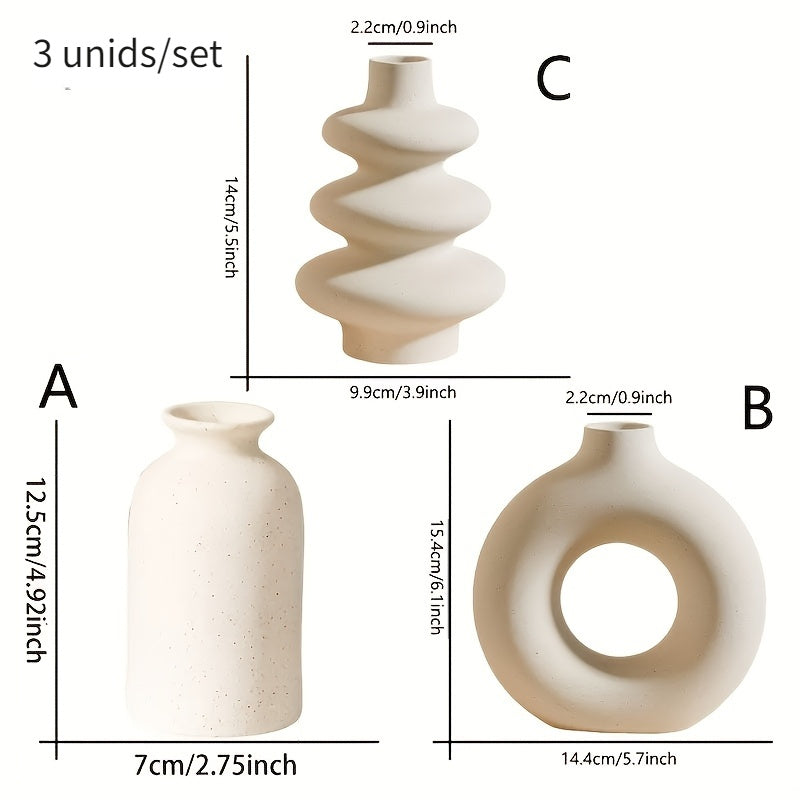 Set of 3 White Ceramic Bohemian Vase.