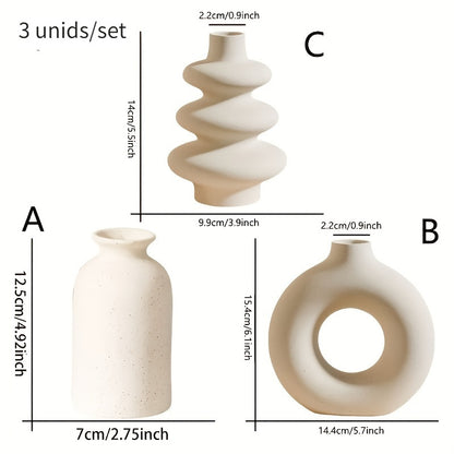Set of 3 White Ceramic Bohemian Vase.