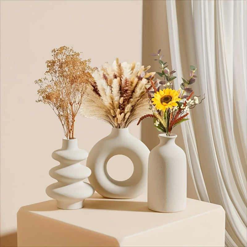 Set of 3 White Ceramic Bohemian Vase.